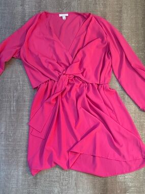 Top Shop Hot Pink Tie-Front Dress. Faux Wrap